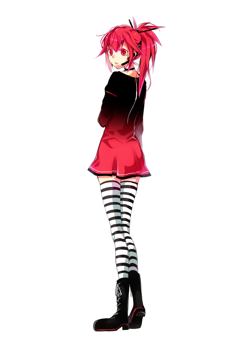 boots cul dress headphones highres image_sample long_hair md5_mismatch pixiv_sample ponytail red_eyes red_hair simple_background solo striped striped_legwear thighhighs vient vocaloid vy1