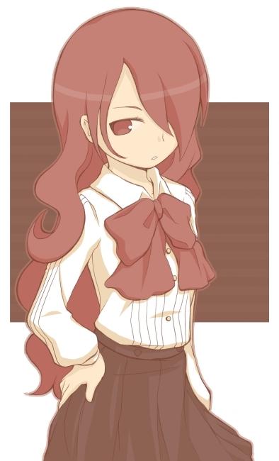 bad_id bad_pixiv_id bow hair_over_one_eye hand_on_hip idu_michito kirijou_mitsuru long_hair persona persona_3 red_eyes red_hair simple_background solo