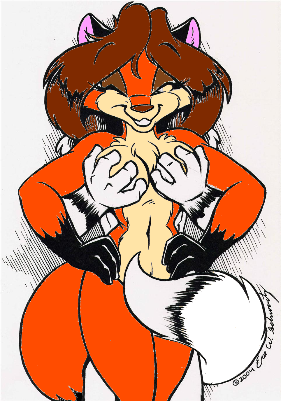 anthro big_breasts breast_grab breasts canine covered covering duo eric_schwartz female fox hair mammal nude one_eye_closed pose sheila_vixen solo standing