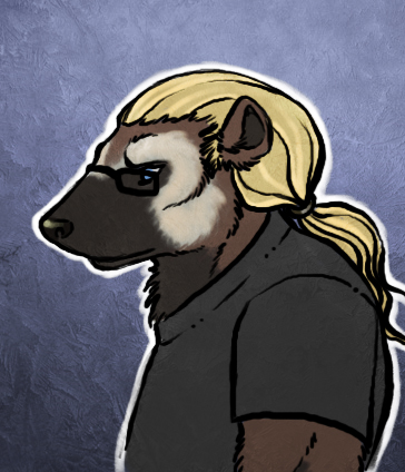 black_shirt blonde_hair blue_eyes brown brown_fur bust eyewear facial_markings fur glasses hair hairband invalid_tag male mammal markings mustelid pince-nez ponytail rog_monster solo