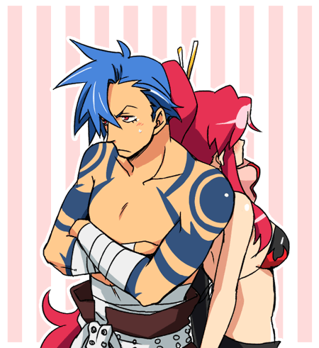 back-to-back back_to_back couple crossed_arms kamina lowres tattoo tengen_toppa_gurren-lagann tengen_toppa_gurren_lagann yoko_littner yoko_ritona