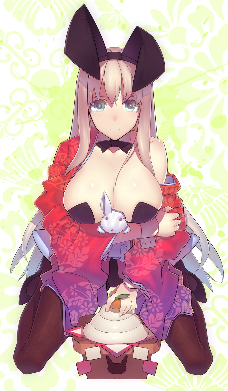 animal_ears bad_id bad_pixiv_id blonde_hair blue_eyes breasts bunny bunny_ears bunnysuit highres japanese_clothes kimono large_breasts long_hair mckeee off_shoulder original pantyhose sitting solo