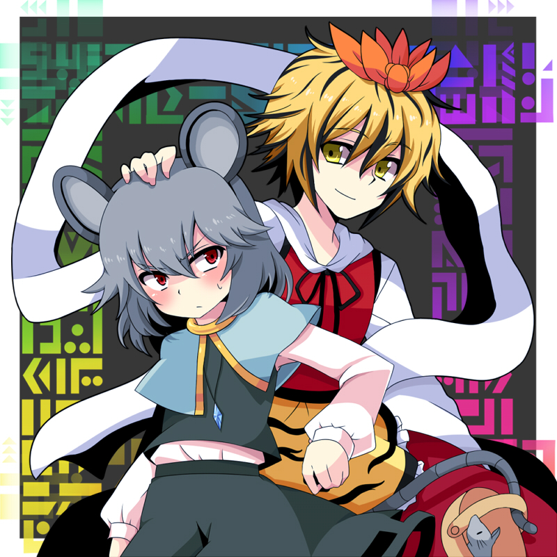 animal_ears bad_id bad_pixiv_id blonde_hair blush grey_hair hair_ornament hand_on_another's_head light_smile mouse mouse_ears multiple_girls nazrin red_eyes sadomochi short_hair smile sweatdrop toramaru_shou touhou yellow_eyes