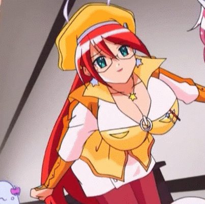 animated animated_gif bouncing_breasts breasts cleavage gif glasses green_eyes huge_breasts lowres magical_teacher_komachi nurse_witch_komugi-chan red_hair smile soul_taker tatsunoko