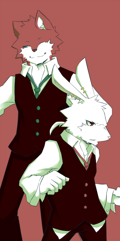 ear_piercing earring fur lagomorph male mammal necktie piercing rabbit red red_eyes red_fur silverio tie wolf