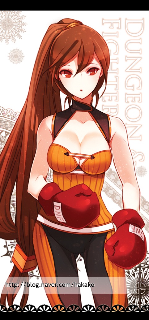 boxing_gloves breasts brick brown_hair dfo dungeon_and_fighter dungeon_fighter_online fighter fighter_(dungeon_and_fighter) long_hair ponytail striker very_long_hair