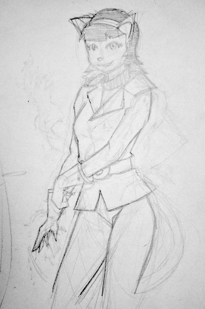 belt black_and_white clothed clothing feline female gloves greyscale hair hairband kitty_katswell kloh0und looking looking_at_viewer mammal monochrome overcoat pants plain_background scan short_hair sketch solo standing sweater t.u.f.f._puppy tail turtleneck white_background