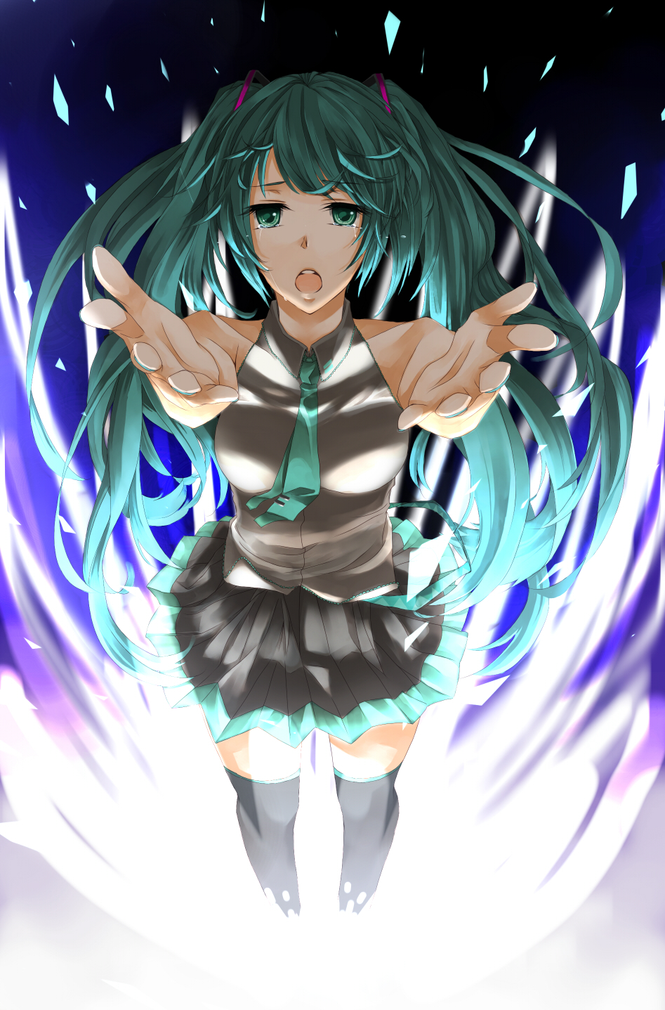 aqua_eyes aqua_hair bare_shoulders black_legwear hatsune_miku highres long_hair m-mo necktie open_mouth outstretched_arms outstretched_hand skirt solo tears thighhighs twintails vocaloid