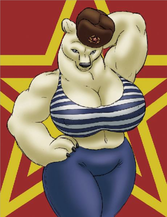 bear biceps big_breasts black_nose blue_eyes breasts claws clothed clothing female gideon hat huge_breasts hyper hyper_breasts looking_at_viewer mammal muscles muscular_female navel polar_bear pose russian smile solo soviet standing star stripes wide_hips