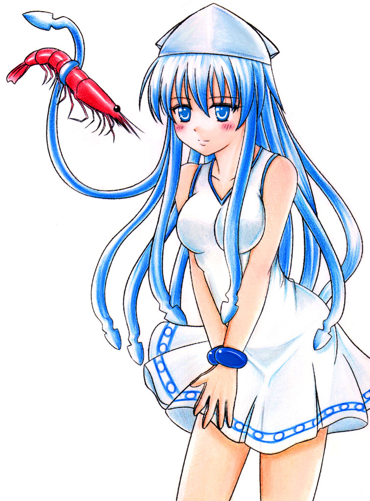 blue_eyes blue_hair blush bracelet dress hat ikamusume jewelry long_hair miru_(millefeuille) older shinryaku!_ikamusume shrimp solo tentacle_hair
