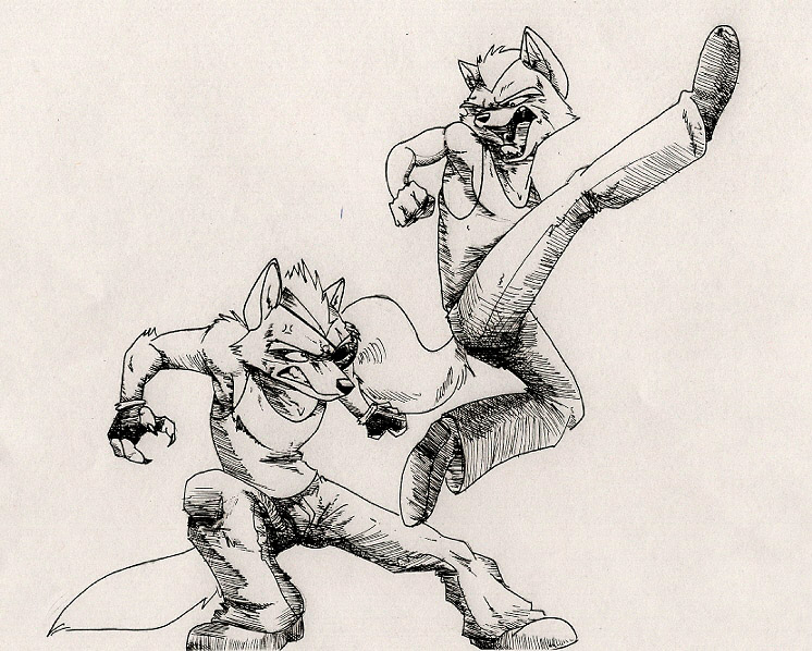 annoyance anthro canine claws dragondrawer duo eye_patch eyewear fight fighting fingerless_gloves fox fox_mccloud gloves inks mammal monochrome nintendo plain_background sketch star_fox tail video_games violence white_background wolf wolf_o'donnell wolf_o'donnell
