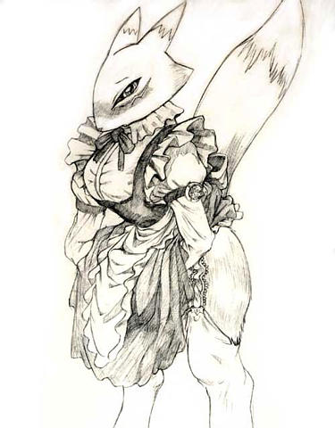 digimon female fox greyscale maid maid_uniform mammal monochrome plain_background renamon solo unknown_artist white_background