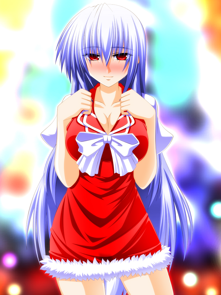 alternate_costume blue_hair blush bow breasts christmas cleavage engo_(aquawatery) full-face_blush fur_trim kamishirasawa_keine large_breasts long_hair red_eyes red_skirt skirt smile solo touhou very_long_hair