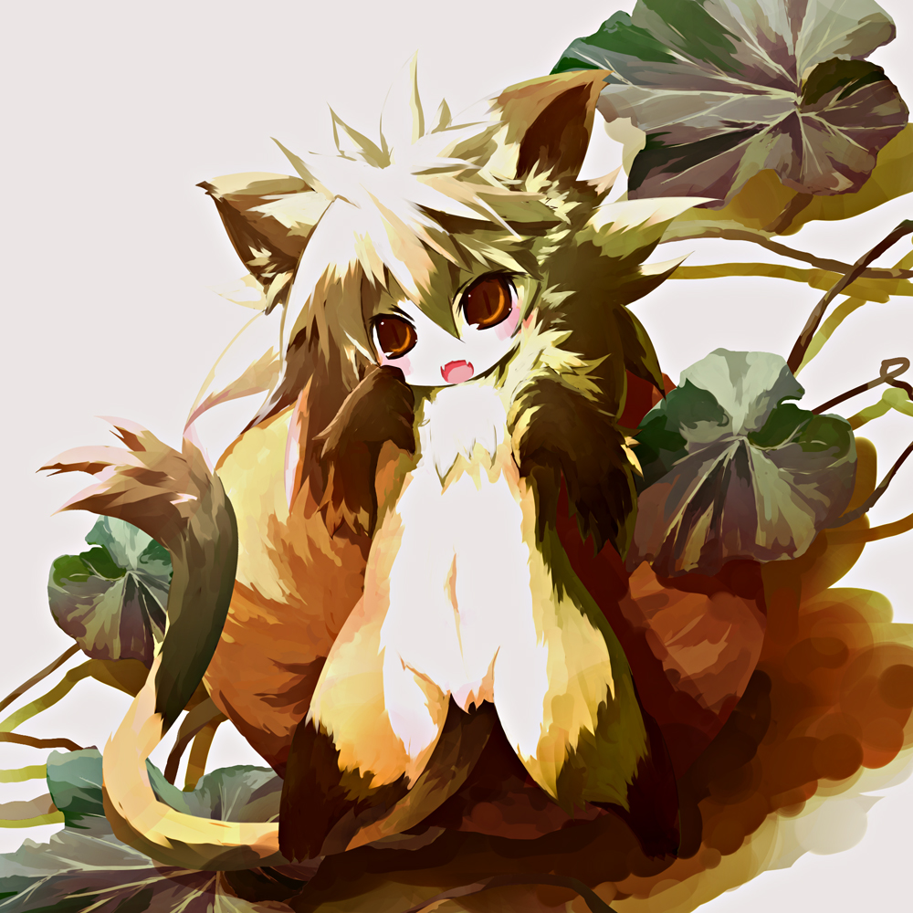 blush brown_eyes canine kolshica leaf mammal open_mouth plain_background solo tail white_background