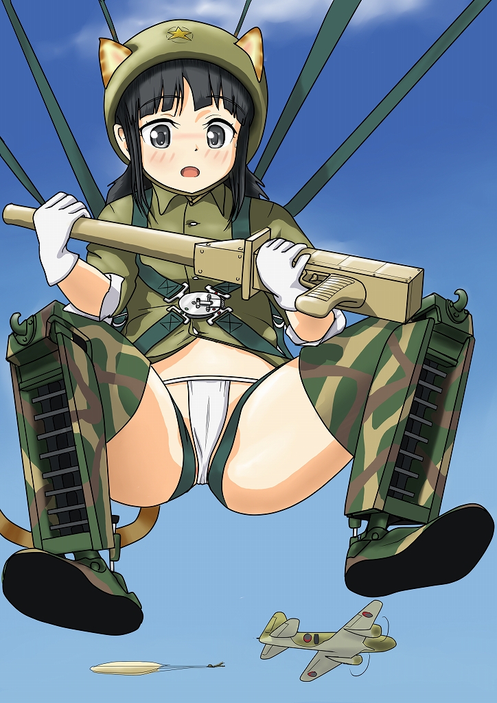 aircraft airplane animal_ears aoi_ushi blush cat_ears day ears_through_headwear falling fundoshi gloves gun helmet japanese_clothes mecha_musume midair military military_vehicle original parachute sky solo spread_legs type_2_ke-to_(personification) weapon world_witches_series