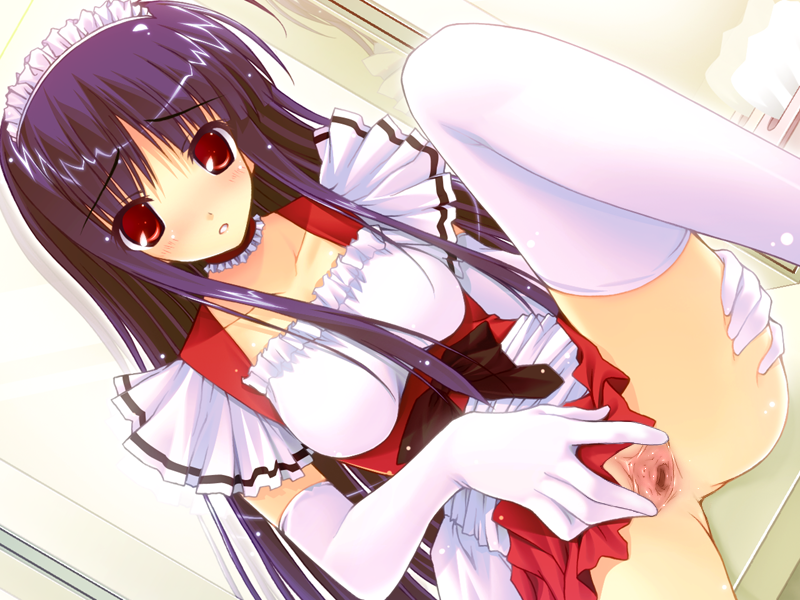 blush gloves long_hair maid no_panties open_mouth purple_hair pussy red_eyes thighhighs uncensored
