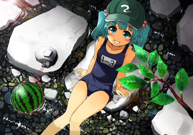 blue_eyes blue_hair branch collarbone food from_above fruit grin hair_bobbles hair_ornament hat kawashiro_nitori one-piece_swimsuit school_swimsuit short_hair sitting smile soaking_feet solo swimsuit toichi touhou twintails two_side_up water watermelon