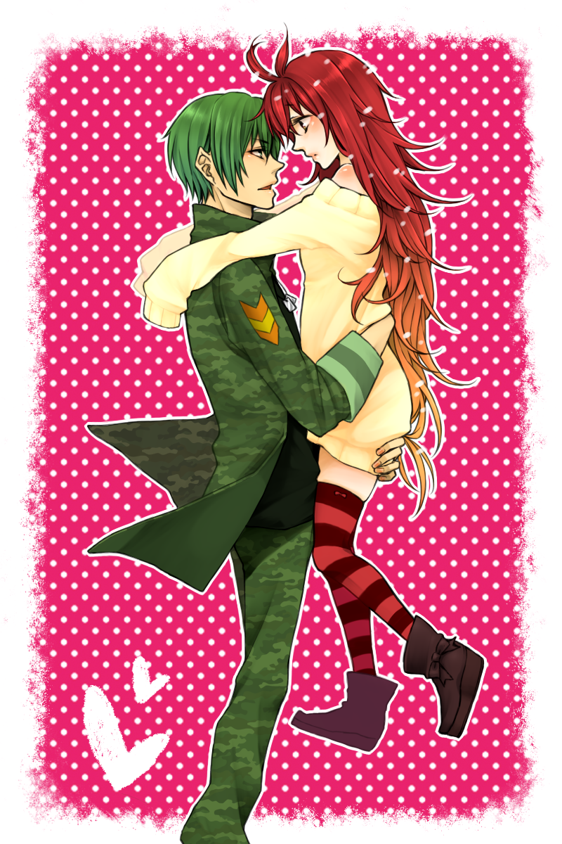 1girl bad_id bad_pixiv_id boots couple dandruff dress eye_contact fatalizer flaky flippy green_hair green_shirt happy_tree_friends height_difference hetero highres holding hug looking_at_another military military_uniform personification red_hair shirt striped striped_legwear sweater sweater_dress thighhighs uniform