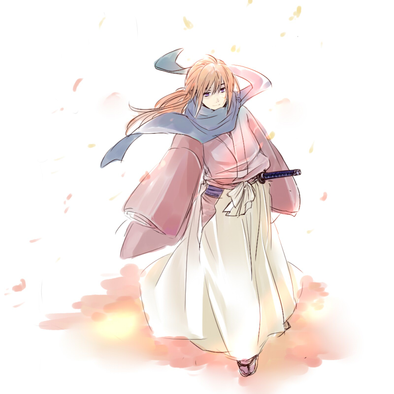 cherry_blossoms himura_kenshin katana male_focus rurouni_kenshin samurai scarf solo sword uya weapon
