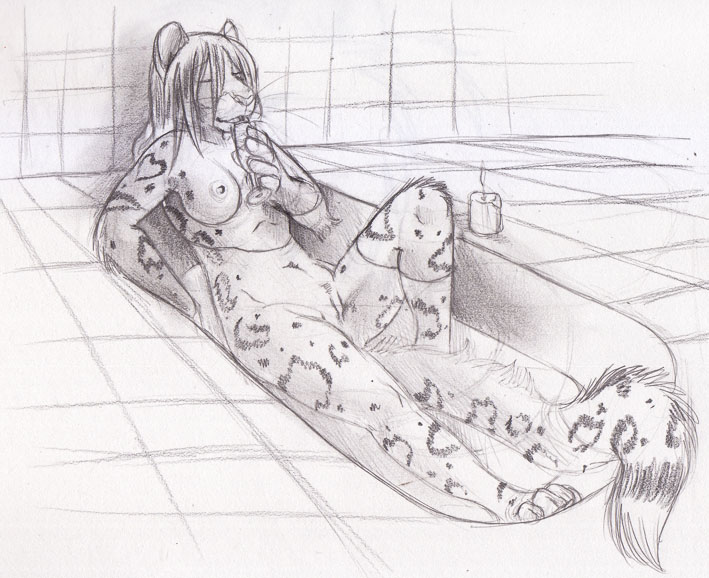 alcohol bath bathtub breasts candle eyes_closed feline female greyscale hair jaguar long_hair mehndix monochrome nipples nude pencils pussy reclining relaxing spots water whiskers wine