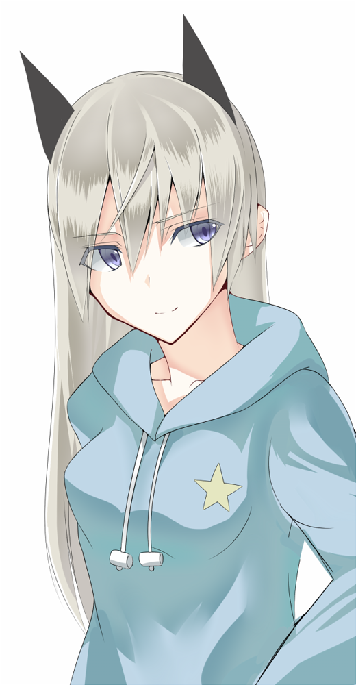 animal_ears blonde_hair blue_eyes casual eila_ilmatar_juutilainen hood hoodie long_hair smile solo strike_witches umeo_retto world_witches_series