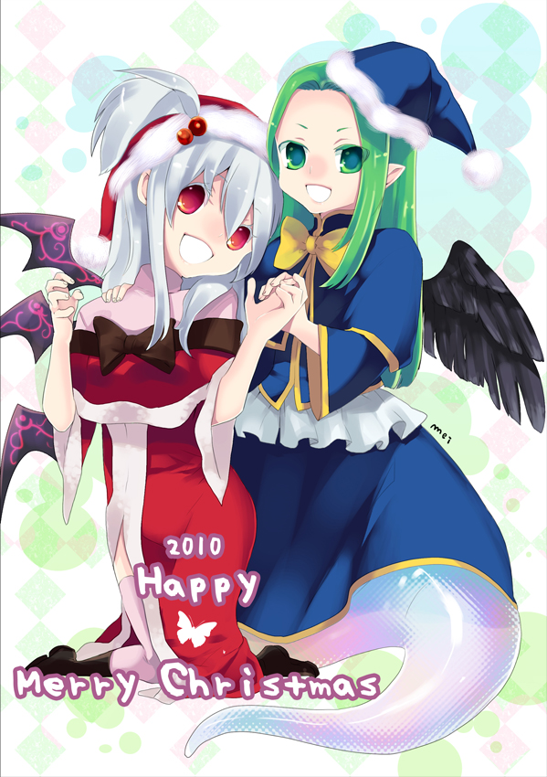 capelet green_eyes green_hair hair_bobbles hair_ornament hat long_hair mima multiple_girls narumi_yuka red_eyes shinki side_ponytail silver_hair touhou touhou_(pc-98) wings