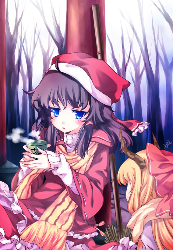 bamboo_broom bare_tree black_hair blue_eyes broom cup hakurei_reimu hat horns ibuki_suika long_hair multiple_girls orange_hair santa_hat scarf tea teacup touhou tree vinashyra