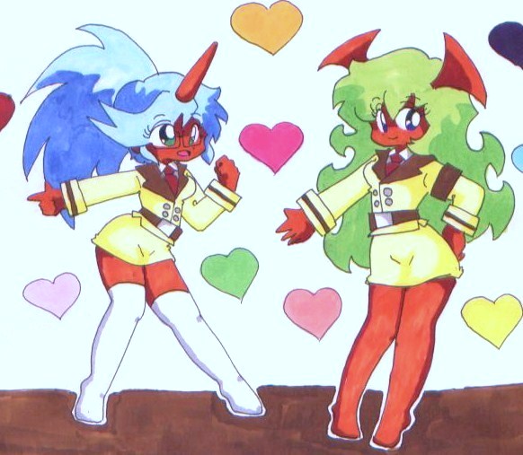 bad_id bad_pixiv_id blue_hair doka glasses green_hair head_wings heart horns kneehighs kneesocks_(psg) miniskirt multiple_girls necktie panty_&amp;_stocking_with_garterbelt pointing red_skin scanty_(psg) skirt thighhighs traditional_media uniform