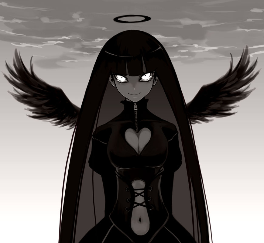 angel as109 black_hair black_wings breasts cleavage cleavage_cutout commentary_request cross-laced_clothes dark_persona evil_smile eyes glowing glowing_eyes halo heart heart_cutout large_breasts long_hair monochrome navel panty_&amp;_stocking_with_garterbelt smile solo spoilers stocking_(psg) tsurime very_long_hair white_eyes wings zipper