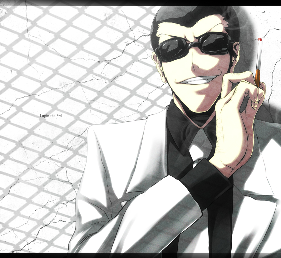 arsene_lupin_iii bad_id bad_pixiv_id banned_artist cigarette formal grin letterboxed lupin_iii male_focus necktie s_tanly sideburns smile smoking solo suit sunglasses