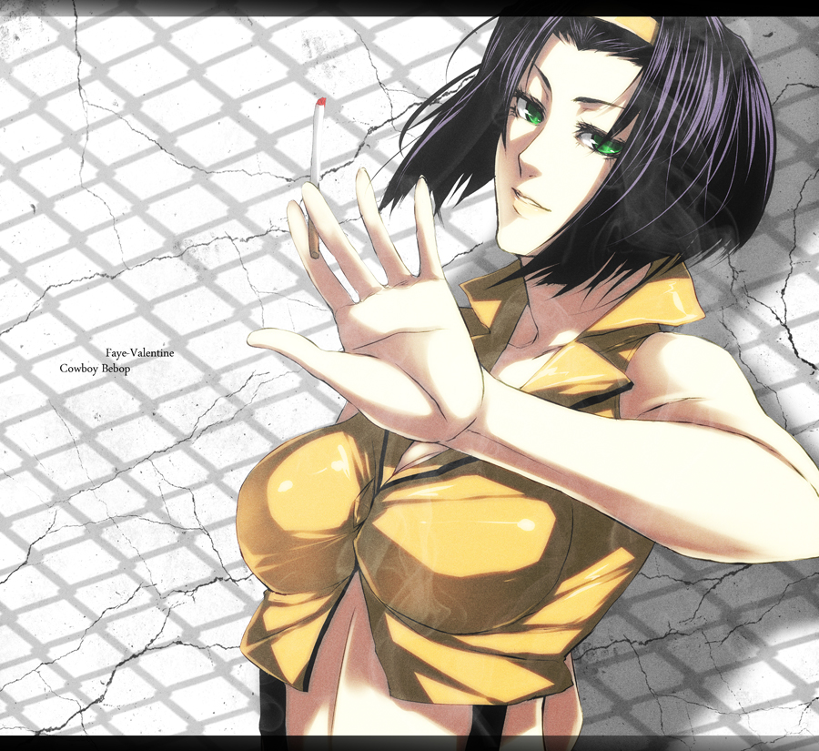 bad_id bad_pixiv_id banned_artist bare_shoulders black_hair breasts cigarette cleavage cowboy_bebop faye_valentine green_eyes hairband large_breasts letterboxed s_tanly shirt short_hair sleeveless sleeveless_shirt solo suspenders upper_body yellow_hairband