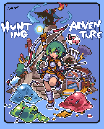 aozane arrow book bow_(weapon) braid coin dragon fantasy green_hair lowres original pixel_art pointy_ears ponytail solo sword treasure_chest weapon