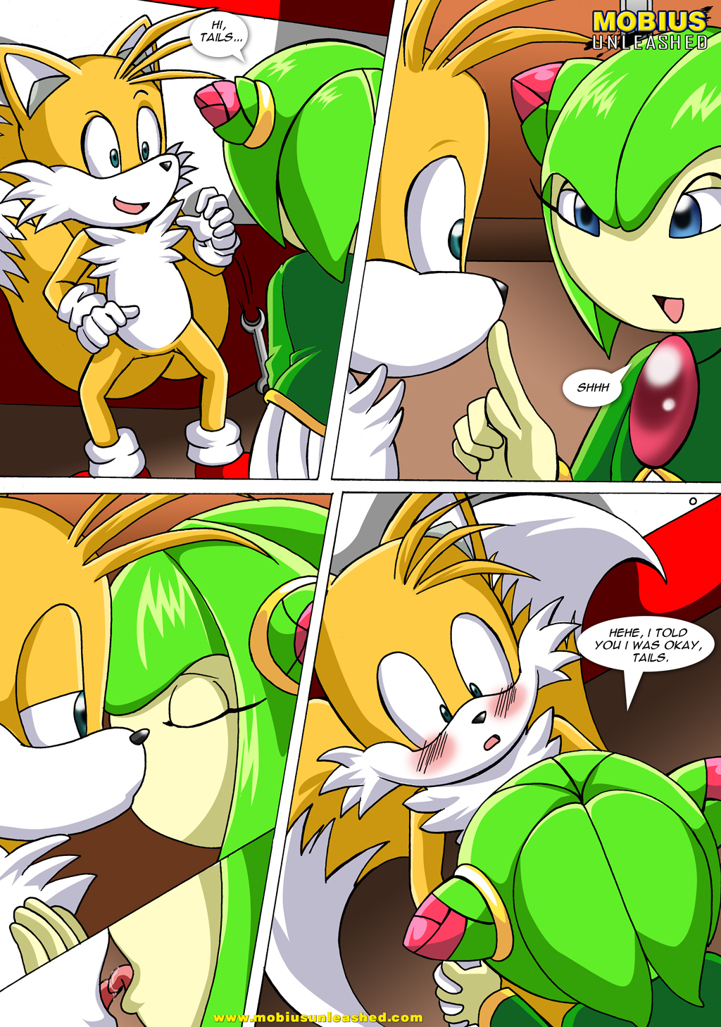 blush canine comic cosmo female fox kissing male miles_prower mobius_unleashed plane seedrian sega sonic_(series) straight tails tongue