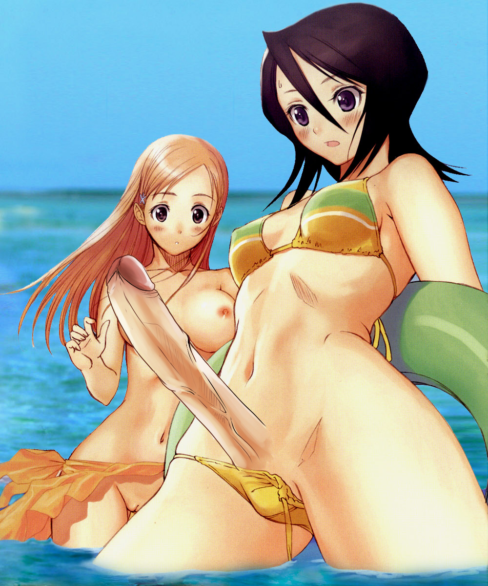 2girls bad_photoshop beach bikini bleach futanari highres inoue_orihime kuchiki_rukia multiple_girls swimsuit