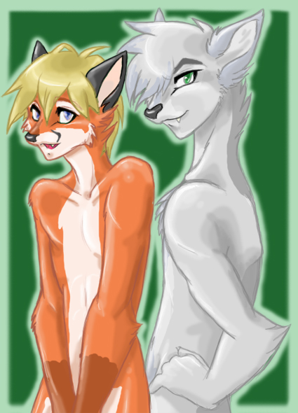 canine couple covering covering_self cute duo fox male mammal unknown_artist wolf