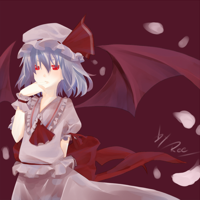 ascot bad_id bad_pixiv_id bat_wings colored_eyelashes eyelashes finger_to_mouth hat hat_ribbon lavender_hair petals raicy red_eyes remilia_scarlet ribbon short_hair signature simple_background solo touhou wings wrist_cuffs