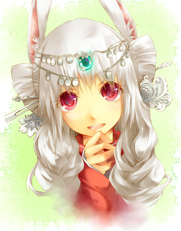 animal_ears face hair_ornament hands lilithbloody long_hair open_mouth original red_eyes solo white_hair