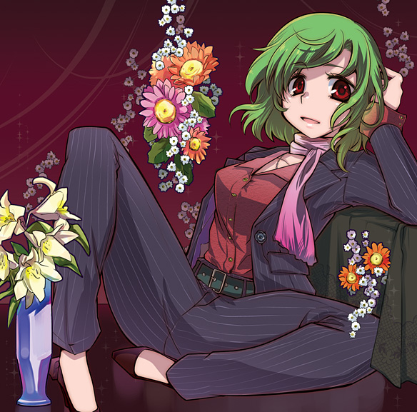 album_cover alternate_costume baby's-breath belt contemporary cover daisy flower formal green_hair hand_in_hair inuinui kazami_yuuka lily_(flower) pant_suit pinstripe_pattern pinstripe_suit reclining red_eyes scarf short_hair smile solo striped suit touhou vase