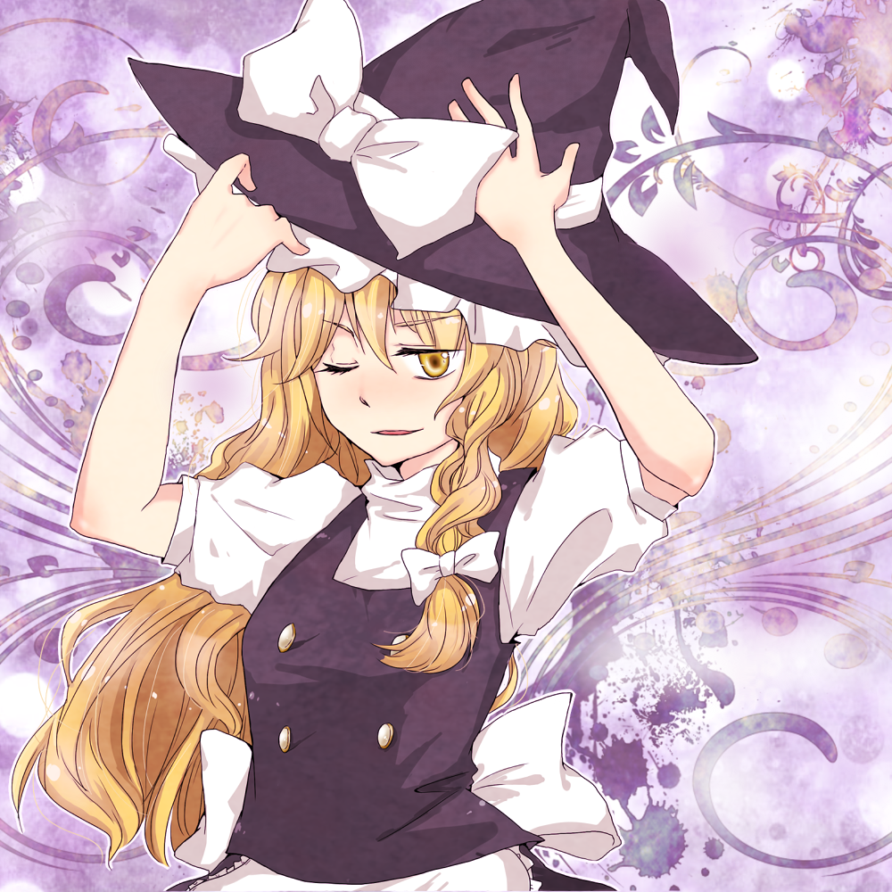 adjusting_clothes adjusting_hat arms_up bad_id bad_pixiv_id blonde_hair buttons hair_ribbon hat kirisame_marisa light_smile long_hair one_eye_closed ribbon solo touhou witch_hat yamano_sachi_(rollie) yellow_eyes