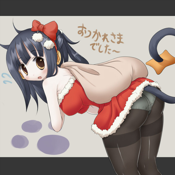 artist_request ass bag bent_over blue_hair bow breasts brown_eyes christmas dress female gijinka hair_bow long_hair looking_back luxray moemon open_mouth panties pantyhose personification pixiv_thumbnail pokemon pokemon_(game) resized ryokuchaism santa_costume solo sweatdrop tail underwear