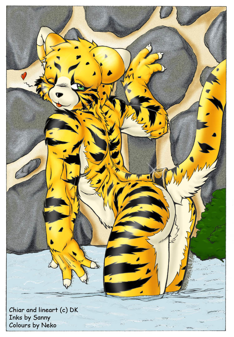 &hearts; butt collaboration cub dk_luis feline majoneko male neko_(artist) nude raised_tail sanny solo tail tiger water wink