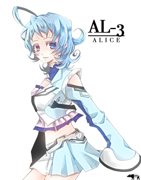 ahoge al-3_alice arms_behind_back blue_eyes blue_hair chiyo_yoshikawa detached_sleeves midriff skirt solo super_robot_wars super_robot_wars_l