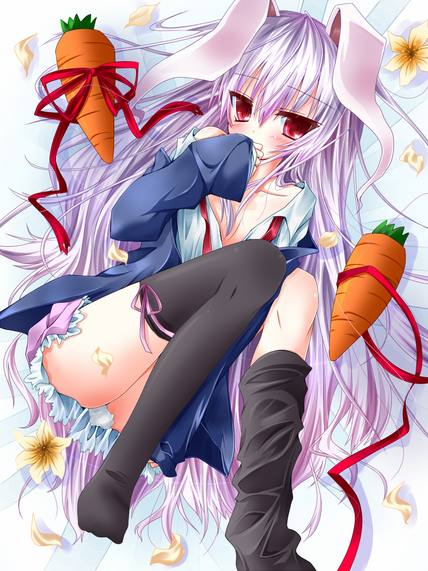 animal_ears bad_id bad_pixiv_id bare_shoulders black_legwear blazer blush bunny_ears bunny_tail carrot carrying covering_mouth flower jacket lavender_hair leg_ribbon legs long_hair looking_at_viewer lying no_bra no_panties off_shoulder on_back open_clothes open_shirt petals purple_hair red_eyes reisen_udongein_inaba ribbon shirt solo tail tetsu_tissue thighhighs thighhighs_pull touhou very_long_hair