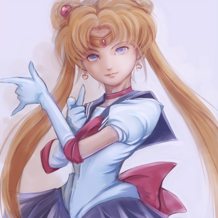 1girl back_bow bishoujo_senshi_sailor_moon blonde_hair blue_eyes blue_sailor_collar blue_skirt bow choker double_bun elbow_gloves gloves long_hair magical_girl pose realistic red_bow red_choker sailor_collar sailor_moon sailor_senshi_uniform skirt solo tiara tsuki_ni_kawatte_oshioki_yo tsukino_usagi twintails white_gloves