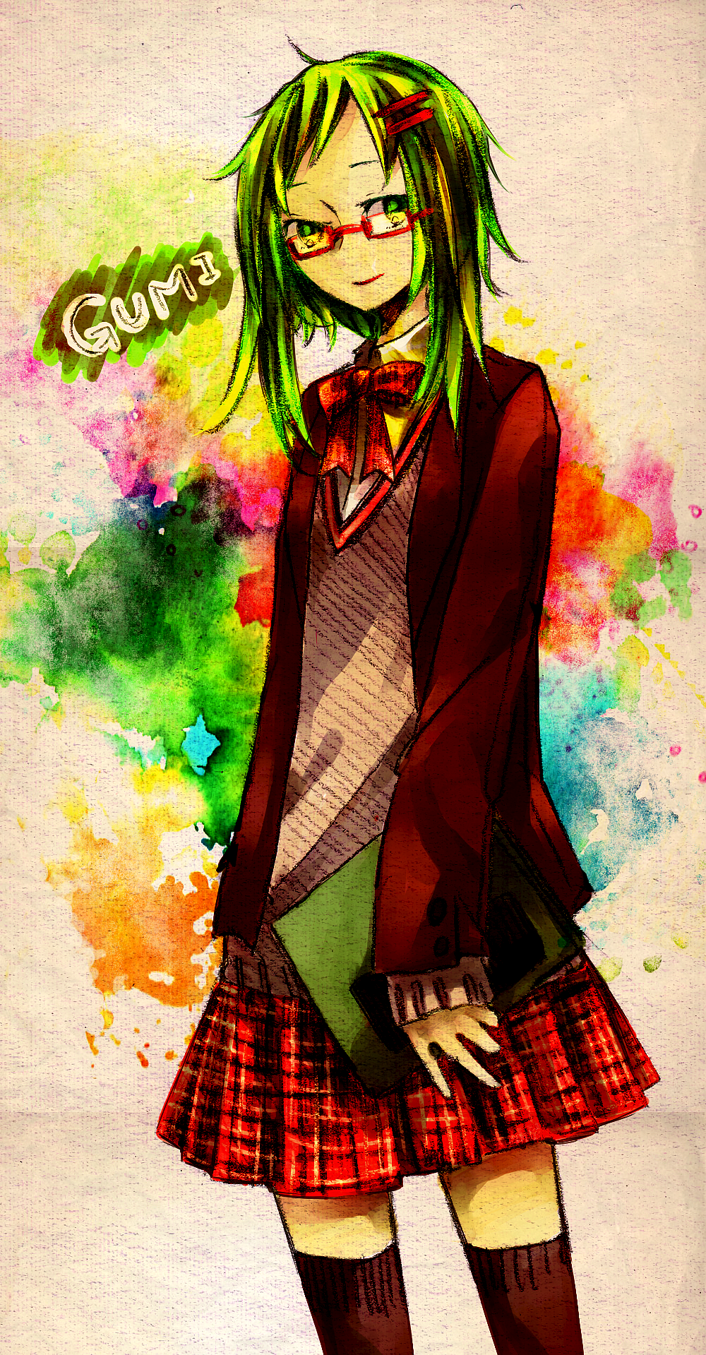 bad_id bad_pixiv_id bespectacled glasses green_hair gumi highres plaid school_uniform solo sorakura_shikiji thighhighs vocaloid