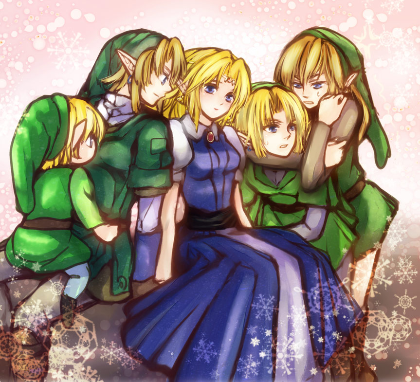 4boys bad_id bad_pixiv_id blonde_hair blue_eyes earrings hat jewelry link multiple_boys multiple_persona pointy_ears princess_zelda smile suzuno_(kazahanasu) the_legend_of_zelda the_legend_of_zelda:_a_link_to_the_past the_legend_of_zelda:_ocarina_of_time the_legend_of_zelda:_the_wind_waker the_legend_of_zelda:_twilight_princess toon_link