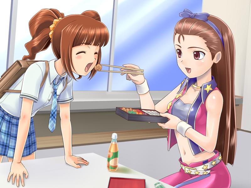 arm_support bag bottle brown_eyes brown_hair chopsticks closed_eyes cool_&amp;_sexy_(idolmaster) feeding hairband idolmaster idolmaster_(classic) long_hair midriff minase_iori muhi11234 multiple_girls navel obentou open_mouth rough_time_school school_uniform sitting takatsuki_yayoi twintails