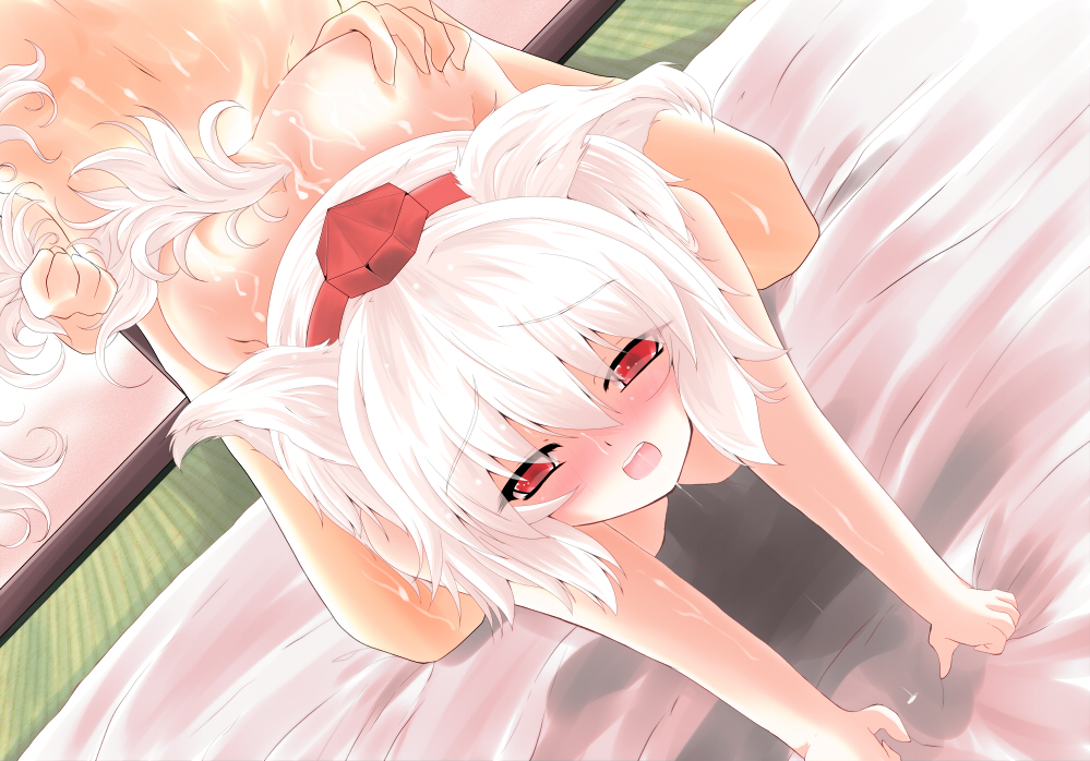 all_fours animal_ears bed_sheet blush doggystyle hat holding_another's_tail inubashiri_momiji md5_mismatch nude red_eyes saliva sex sheet_grab shirosuzu short_hair solo_focus sweat tail tail_grab tokin_hat touhou white_hair wolf_ears wolf_tail