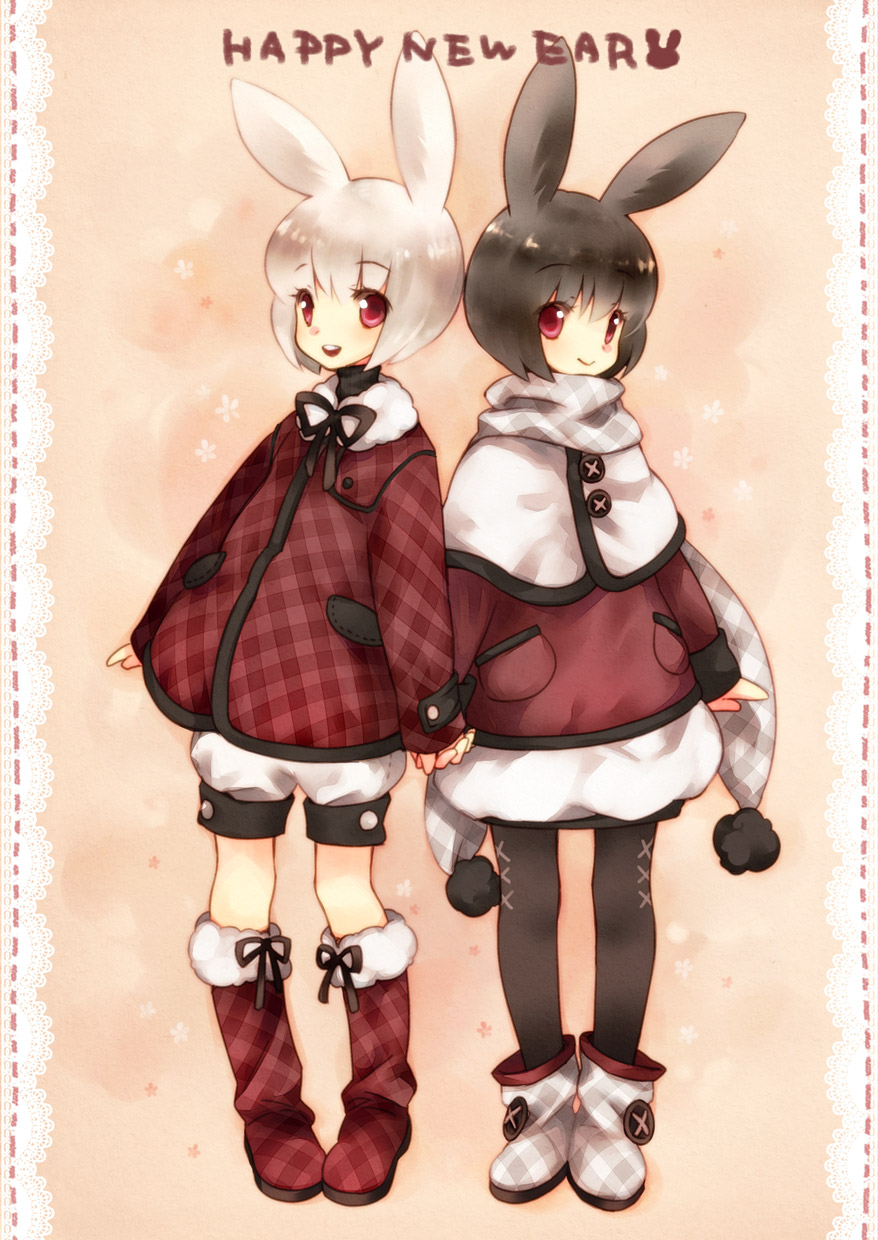 animal_ears black_hair boots bow bunny_ears checkered coat ech highres holding_hands multiple_girls open_mouth original pantyhose pun red_eyes scarf short_hair shorts smile standing white_hair