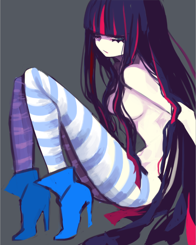 breasts censored convenient_censoring gisu high_heels long_hair medium_breasts multicolored_hair panty_&amp;_stocking_with_garterbelt shoes solo stocking_(psg) striped striped_legwear thighhighs
